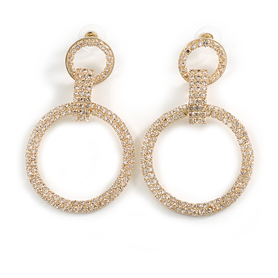 Statement Double Circle Crystal Drop Earrings in Gold Tone - 65mm Long