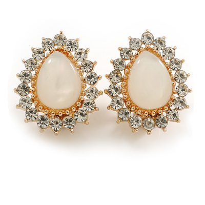 25mm Tall Clear Crystal Milky White Acrylic Stone Teardrop Clip On Earrings in Gold Tone