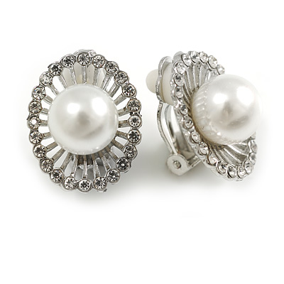 Oval Crystal Faux Pearl Bead Clip On Earrings in Silver Tone - 20mm Tall