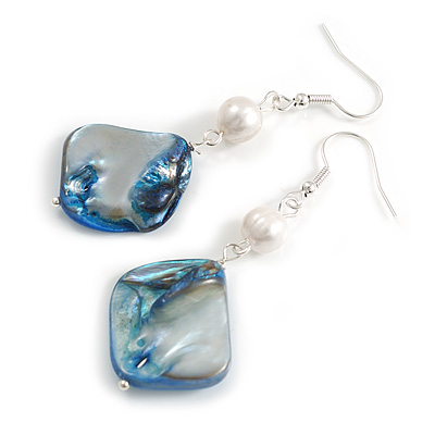 Blue Shell/ White Freshwater Pearl Bead Drop Earrings/55mm Long/Slight Variation In Size/Natural Irregularities