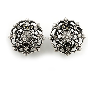 Clear Crystal Spider Web Clip On Earrings in Aged Silver Tone - 20mm D