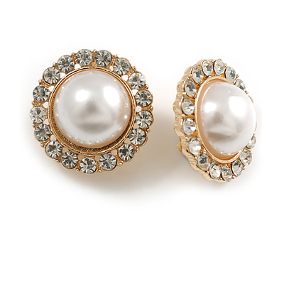 25mm D/ Round Faux Pearl Clear Crystal Clip on Earrings in Gold Tone