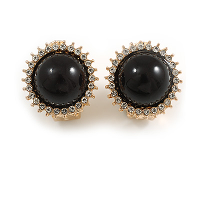 17mm D/ Round Crystal with Black Acrylic Bead Clip On Earrings in Gold Tone