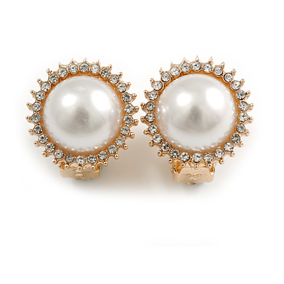 Classic Faux Pearl Clear Crystal Button Shape Clip On Earrings in Gold Tone - 17mm Diameter - main view