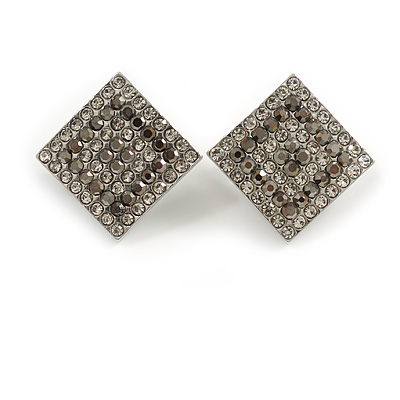 Square Clear/Dark Grey Crystal Clip On Earrings in Silver Tone - 18mm Tall