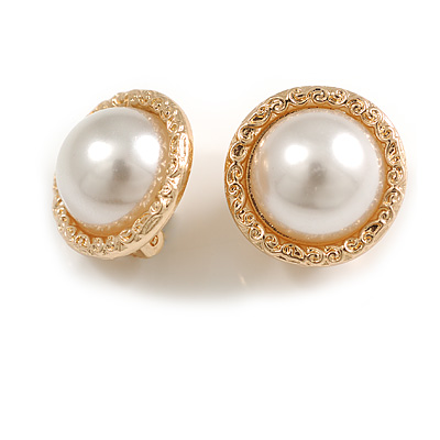 20mm D/ Button Shaped Faux Pearl Clip On Earrings in Gold Tone
