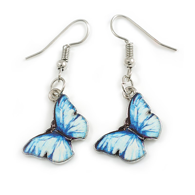 Blue/White Butterfly Drop Earrings in Silver Tone - 40mm Drop