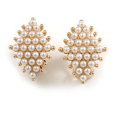 White Faux Pearl Diamond Shaped Clip On Earrings in Gold Tone - 25mm Tall