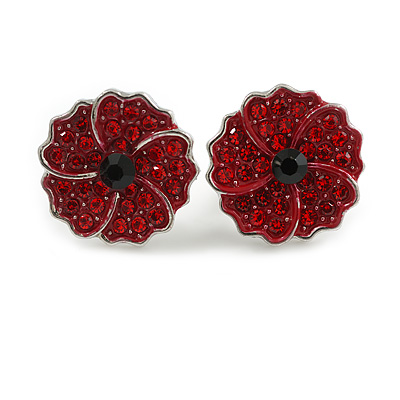 Red/Black Crystal Poppy Flower Stud Earrings - 15mm Diameter