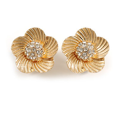 20mm D/Five Petal Crystal Flower Clip On Earrings in Gold Tone