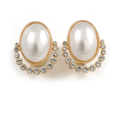 Oval Faux Pearl Crystal Clip-On Earring in Gold Tone - 25mm Tall