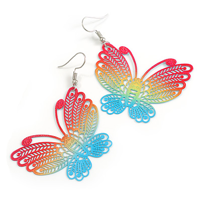 Lightweight Multicoloured Butterfly Drop Earrings - 65mm Long