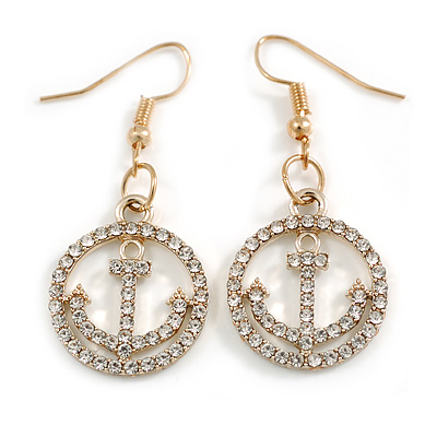 Clear Crystal Encircled Anchor Drop Earrings in Gold Tone - 45mm Long