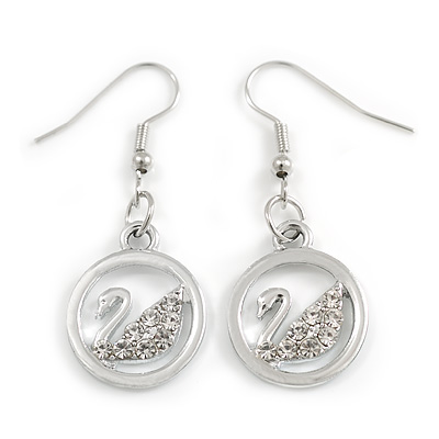 Crystal Swan Round Drop Earrings in Silver Tone - 45mm Long