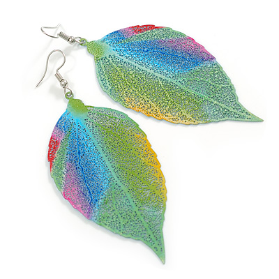 Large Lightweight Multicoloured Leaf Drop Earrings - 90mm Long