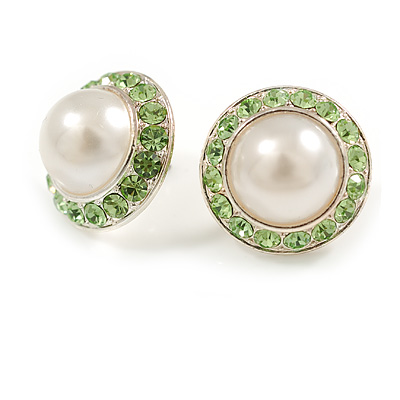 White Faux Pearl Light Green Crystal Button Shape Stud Earrings in Silver Tone - 18mm D