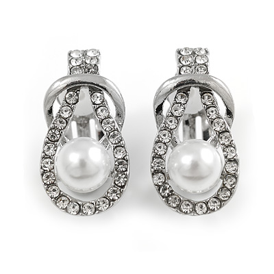 Clear Crystal White Faux Pearl Loop Clip On Earrings in Silver Tone - 25mm Tall - main view