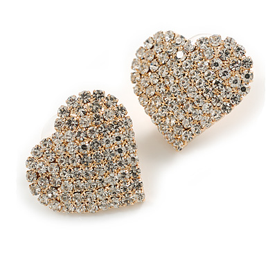 Romantic Pave Set Clear Crystal Heart Stud Earrings in Gold Tone - 25mm Tall