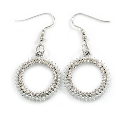 Layered Crystal and Pearl Bead Circles Drop Earrings in Silver Tone - 50mm L