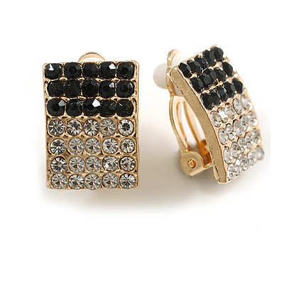 Black/Clear Crystal Square Clip On Earrings in Gold Tone - 17mm Tall