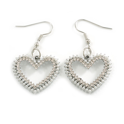 Romantic Pearl Crystal Open Cut Heart Drop Earrings in Silver Tone - 45mm L