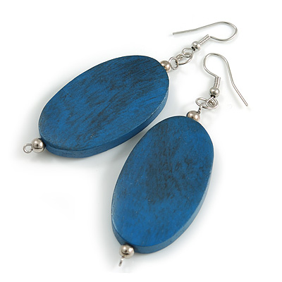 Blue Wood Oval Drop Earrings - 70mm L