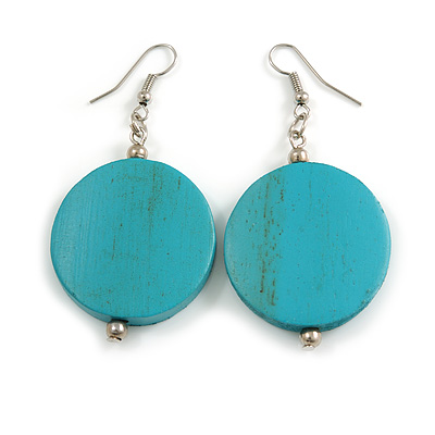 30mm Turquoise Washed Wood Coin Drop Earrings - 60mm