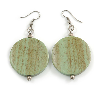 30mm Antique Mint Washed Wood Coin Drop Earrings - 60mm L