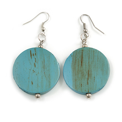 30mm Light Blue Washed Wood Coin Drop Earrings - 60mm L