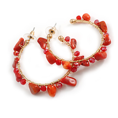 40mm/ Coral Red Stone Hoop Earrings in Gold Tone/ Medium