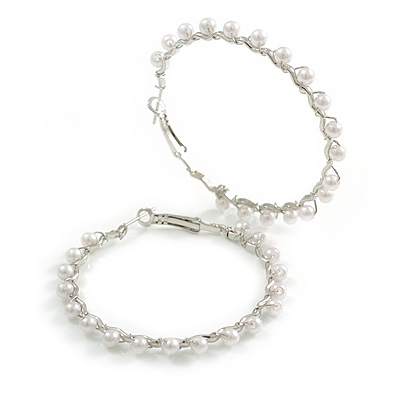 Large Twisted Hoop Earrings with Faux Pearl Bead Element in Silver Tone/ 50mm Diameter