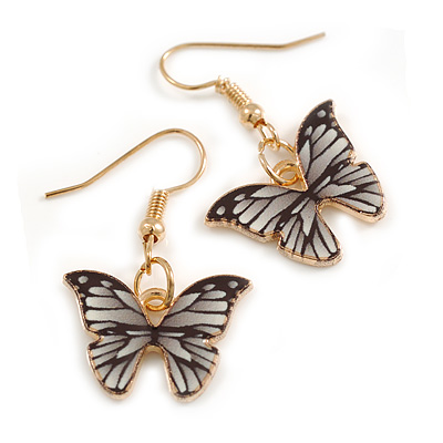 Small Butterfly Drop Earrings in Gold Tone (Black/White Colours) - 35mm L