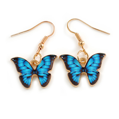 Small Butterfly Drop Earrings in Gold Tone (Blue/Black Colours) - 35mm L