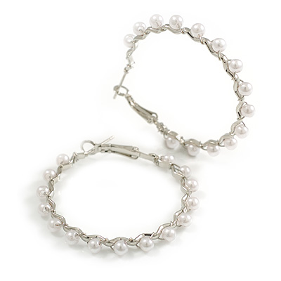 Medium Twisted Hoop Earrings with Faux Pearl Bead Element in Silver Tone/ 40mm Diameter - main view