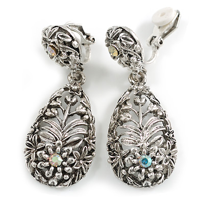 Vintage Inspired Floral Teardrop Clip On Earrings in Aged Silver Tone - 45mm L