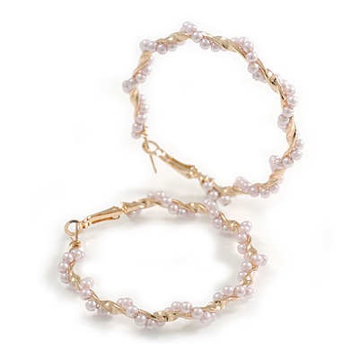 Gold Tone Twisted with Faux Pearl Bead Hoop Earrings - 50mm D