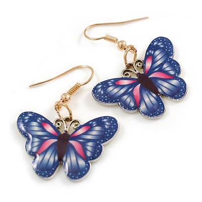 Blue/Pink Enamel Butterfly Drop Earrings in Gold Tone - 40mm Long