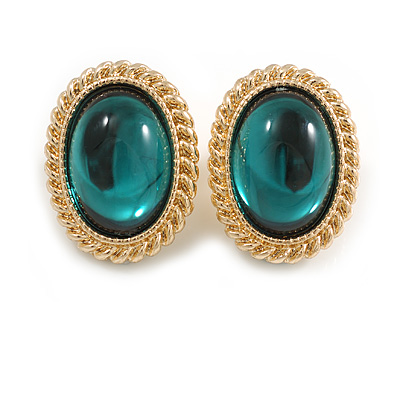 Statement Oval Green Glass Stud Earrings in Gold Tone - 25mm Tall