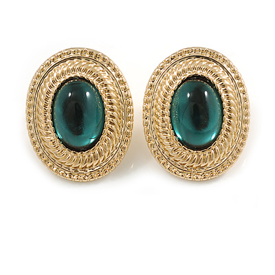 25mm Oval Textured Green Glass Stone Stud Earrings in Gold Tone