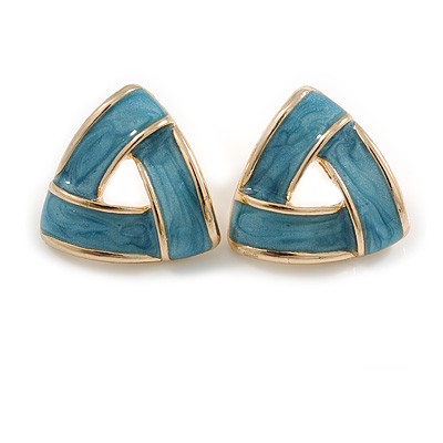 Blue Enamel Triangular Stud Earrings in Gold Tone - 20mm Across
