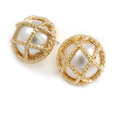Vintage Inspired Dome Shaped with White Faux Pearl Bead Stud Earrings in Gold Tone - 20mm D