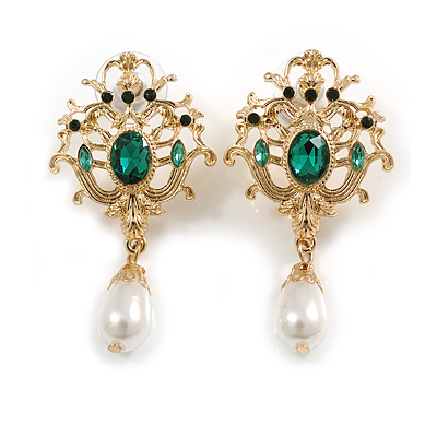 Victorian Style Green Crystal White Faux Pearl Drop Earrings in Gold Tone - 50mm L