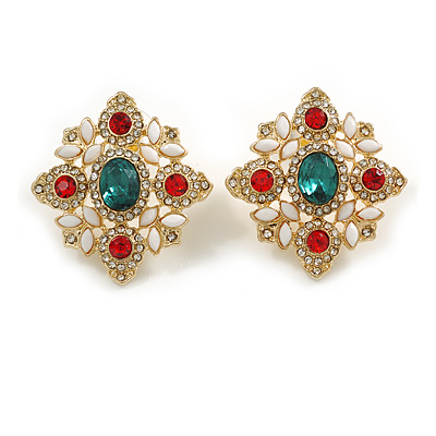 Victorian Style Red/Green/Clear Crystal Stud Earrings in Gold Tone - 30mm Tall