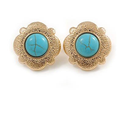 Gold Tone Textured with Turquoise Stone Flower Stud Earrings - 25mm D