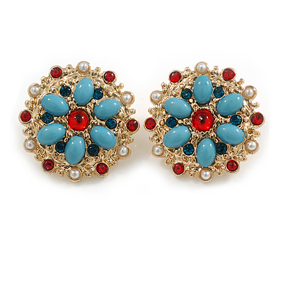 25mm D/ Vintage Inspired Blue/ Red Acrylic and Crystal Bead Floral Stud Earrings in Gold Tone