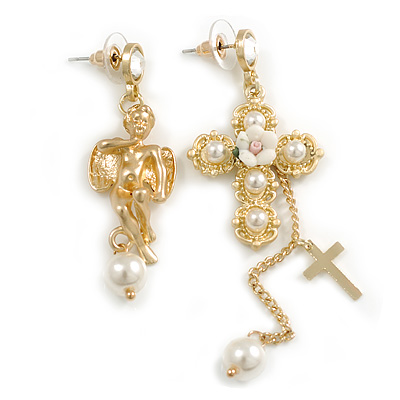 Cupid and Cross Dangle Assymetrical Earrings in Bright Gold Tone - 90mm Long