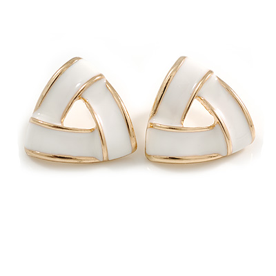 White Enamel Triangular Stud Earrings in Gold Tone - 20mm Across