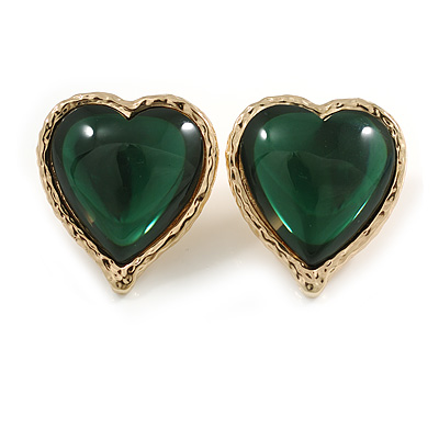 Green Glass Heart Stud Earrings in Gold Tone - 30mm Tall - main view