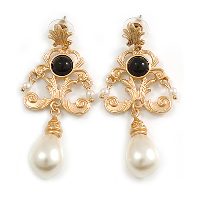 Victorian Style Faux Pearl and Black Acrylic Bead Light Gold Tone Drop Earrings - 65mm L