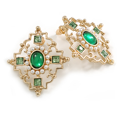 Victorian Style Green Crystal White Faux Pearl Diamond Shape Stud Earrings in Gold Tone - 35mm Tall